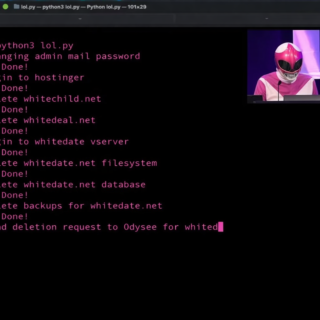 Hacktivist Dressed As The Pink Power Ranger, Remotely Wipes Three White Supremacist Websites Live on Stage
