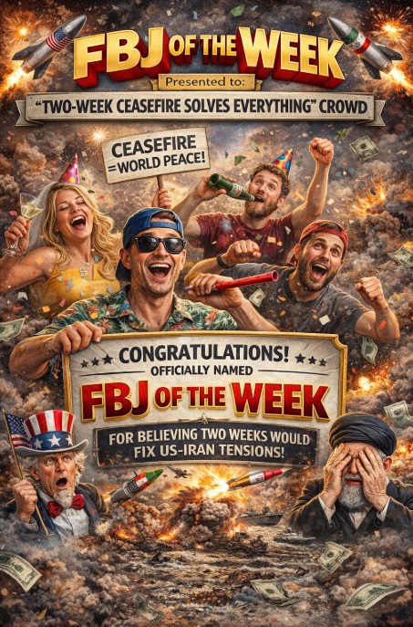 FBJ Of The Week. The “Two-Week Ceasefire Solves Everything” Crowd…“Yep. That Solved Decades Of Conflict. Wrap It Up.”