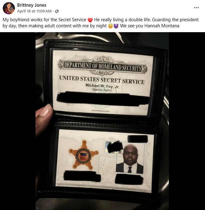 MAGA Believes Anything. Some Brainless Moron On X Believes That Only Fans Creator Brittney Jones Posted A Real Picture Of Her Secret Service Boyfriend And His Badge.