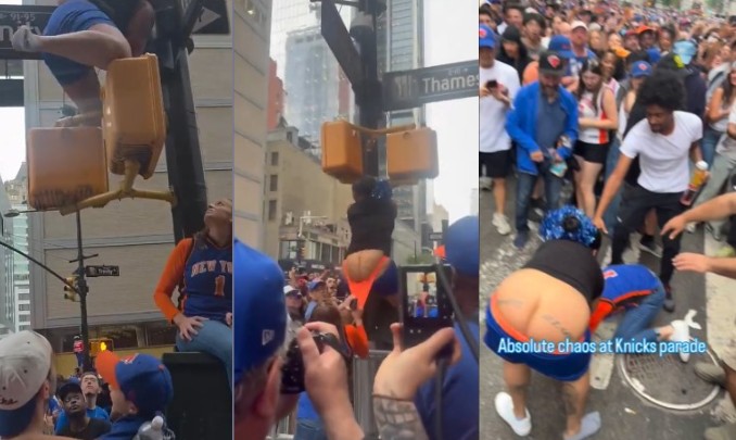 Piece Together Clips For A Full Video Of Those 2 Women Fighting Over A Lamp Post At The Knicks Parade.