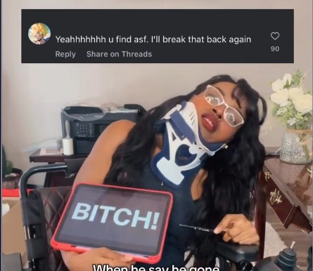 A Lady In A Wheelchair Responds To A  Man About Breaking Her Already Broken Back.