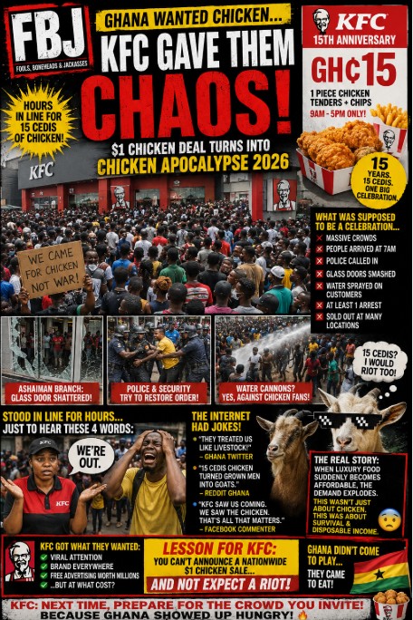 Madness!!! KFC Ghana Wanted To Celebrate 15 Years In Ghana. How a GH₵15 KFC Promotion Turned Into Massive Crowds, Broken Glass, Police Intervention And One Giant Chicken-Induced Meltdown.