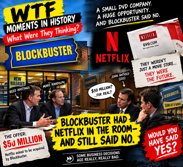 WTF MOMENTS IN HISTORY: What Were They Thinking? Blockbuster Said NO When Approached To Buy Netflix For $50 Million Dollars.